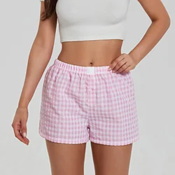 Women's Summer Casual Pajama Shorts Elastic Band Wide Leg Loose Fit Plaid Lounge Shorts