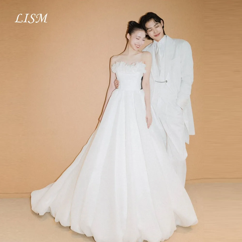 

LISM A-Line Simple Strapless Korea Wedding Dress Simple Satin Tulle Silk Elegant Long Bridal Gown Photo Shoot Customized 웨딩드레스