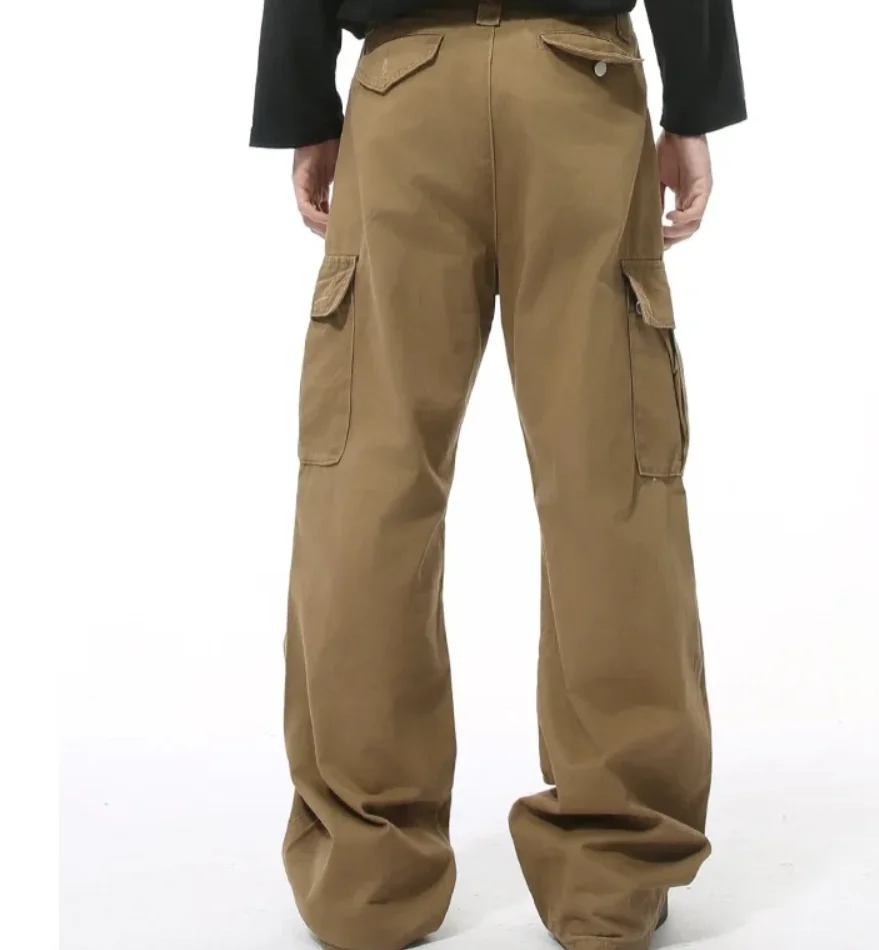 American Premium Cargo Pants Mens Pleated Baggy Multi Pocket Streetwear Oversized Straight Leg Casual Spring Fall Trendy Male