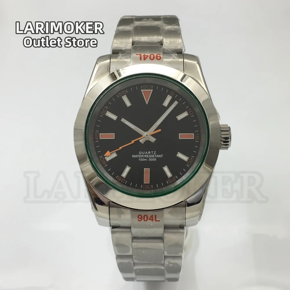 

LARIMOKER Ronda515-12h Polished Men's Quartz Watch 36mm/39mm Green Sapphire Glass Black White dial Lightning Hand Steel Bracelet