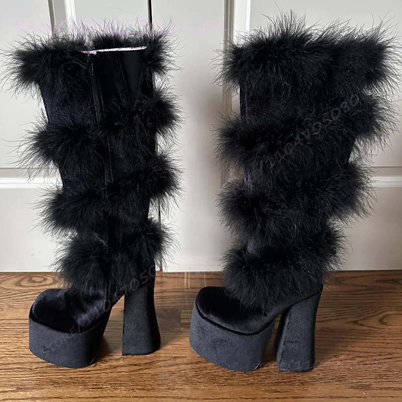 

Black Long Plush Calf Wrapped Edge Boots Platform Women Corduroy Casual Girls Cool Round Toe Chunky Heel Tassel Zipper New Shoes