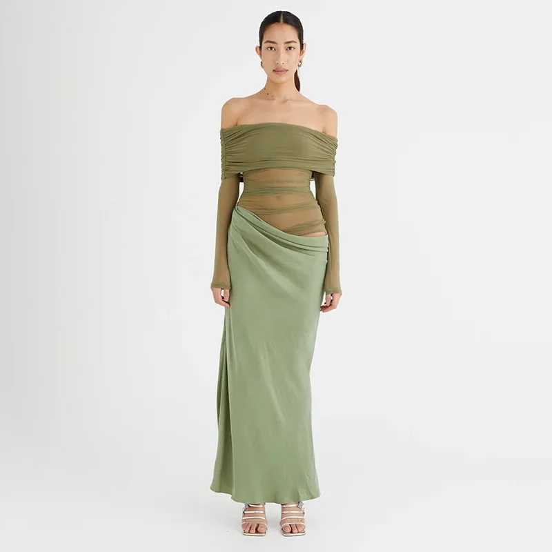 فستان ماكسي أنيق شبكي مرقع للنساء مثير شفاف بدون أكتاف فستان حفلات نحيف موضة الربيع بأكمام طويلة فستان العطلات