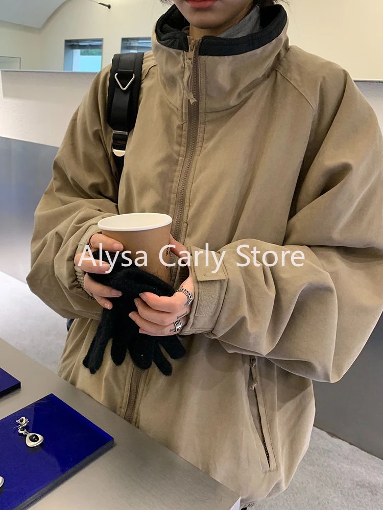 Casual High Street Parkas Women Winter Warm Korean Khaki Zipper Streetwear Coat Female Fashion Trend Vintage Outerwear 2024 New