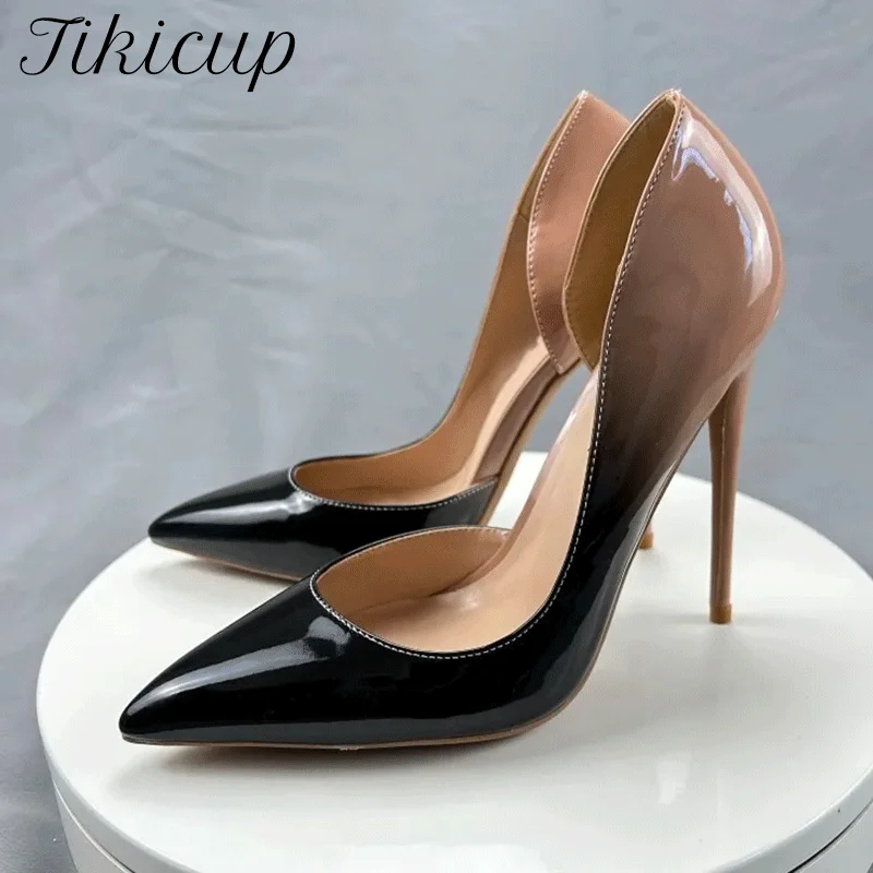 

Tikicup Women D'Orsay Patent Pumps Gradient Nude Black Pointed Toe Stilettos Ladies Slip On High Heels Dress Shoes Customize