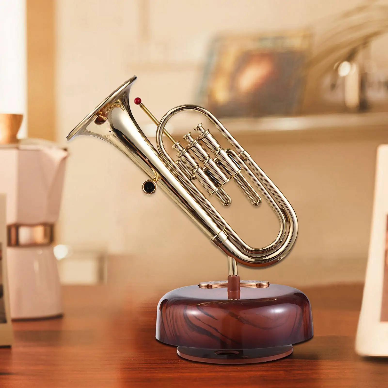 Trumpet Music Box Classical Wind Up Musicbox Twirling Music Box Rotating Base Brass Wind Instrument Miniature Replica Artware