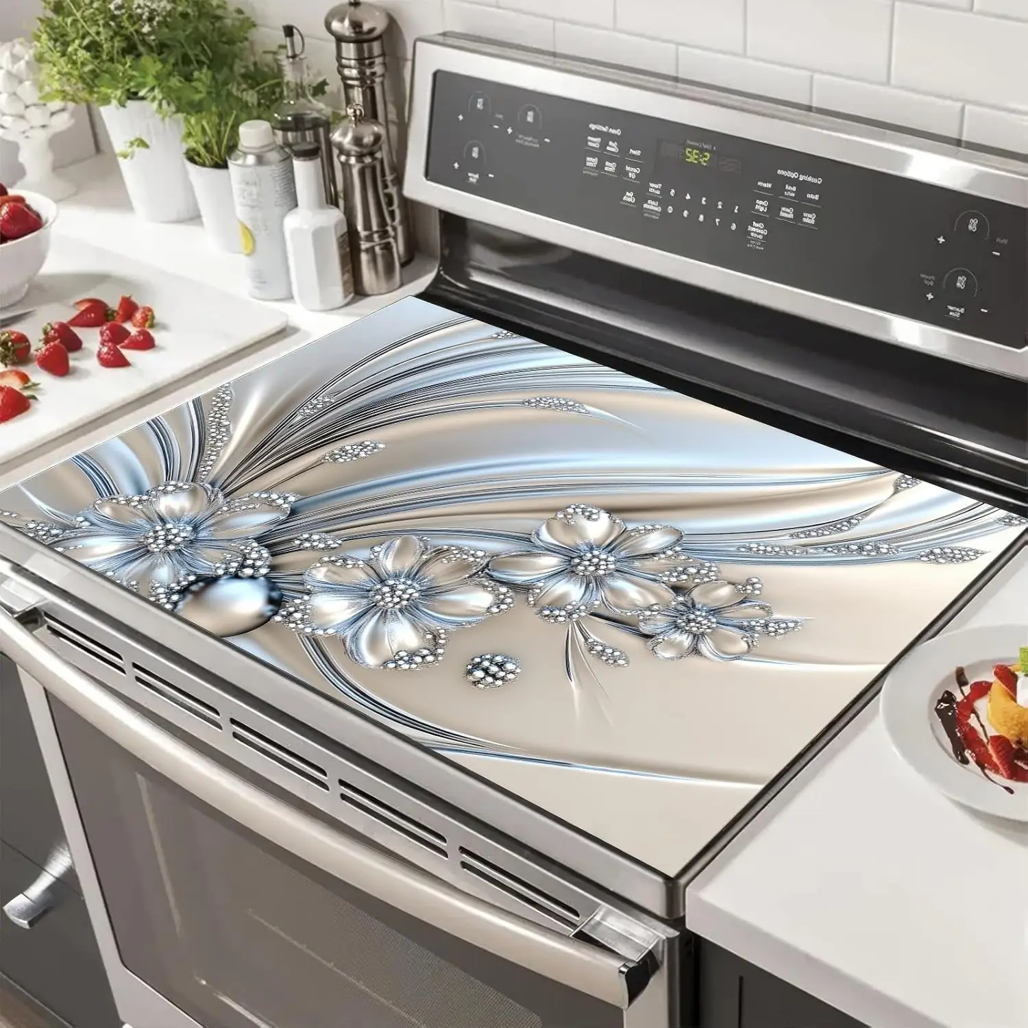 

Silver Flowers Stove Cover – Heat-Resistant Mat for Electric Cooktops, Dish Drying & Coffee Bar Decor