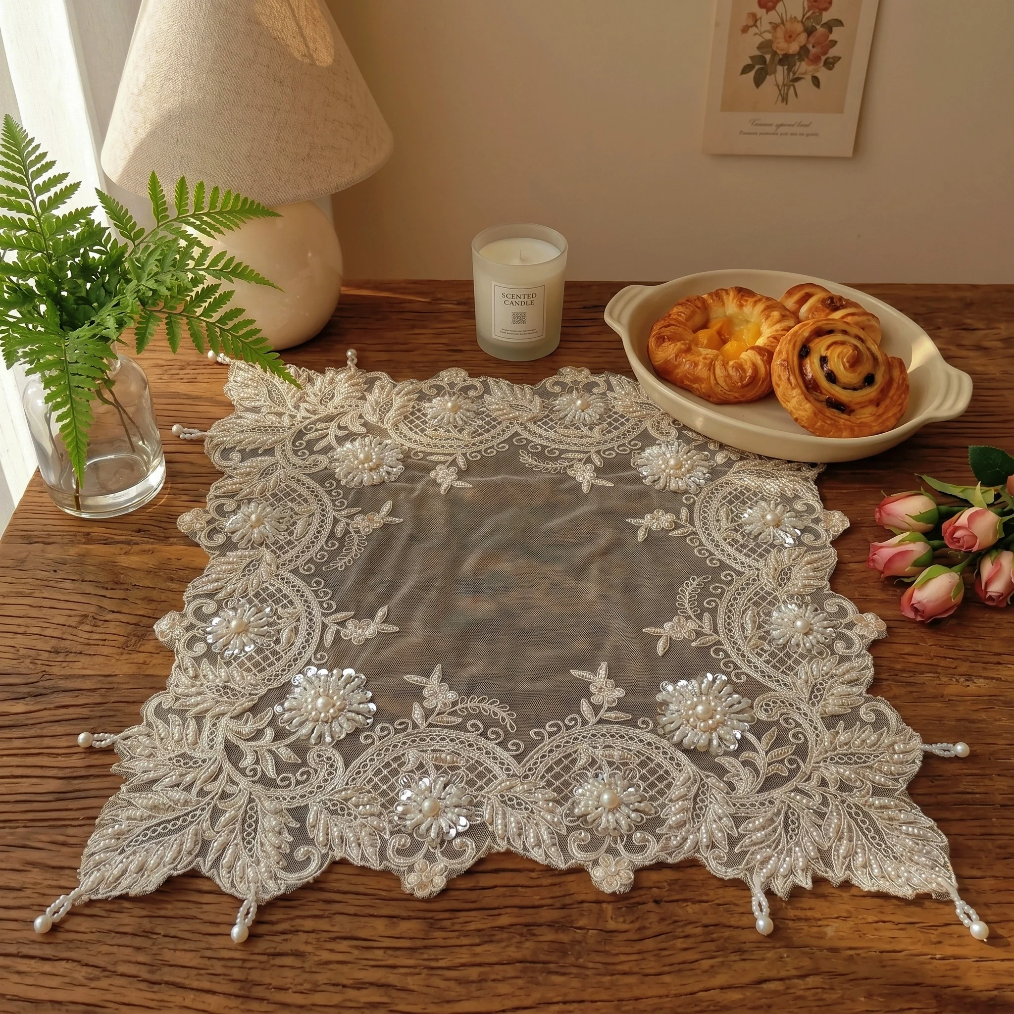 4pcs Placemat Set Washable Beige Square Placemat Embroidered Beaded Napkin Dustproof Coaster Bedside Table Decorative Cover