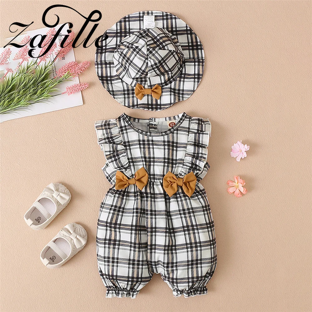 

ZAFILLE 2Pcs Plaid Baby Girls Rompers With Hat Sleeveless Bowknot Newborn Jumpsuit For Kids Girls Clothing Summer Baby Outfits