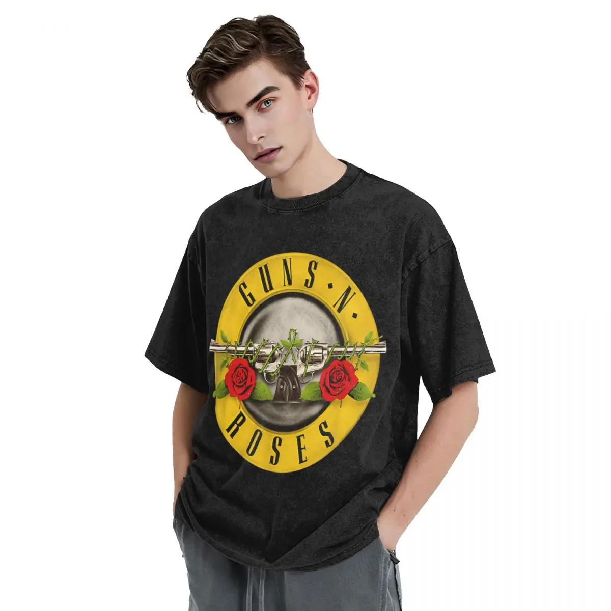 Camisetas lavadas con Logo de bala Guns N Roses para hombres y mujeres, ropa de calle Harajuku Heavy Metal, Tops de algodón 100%