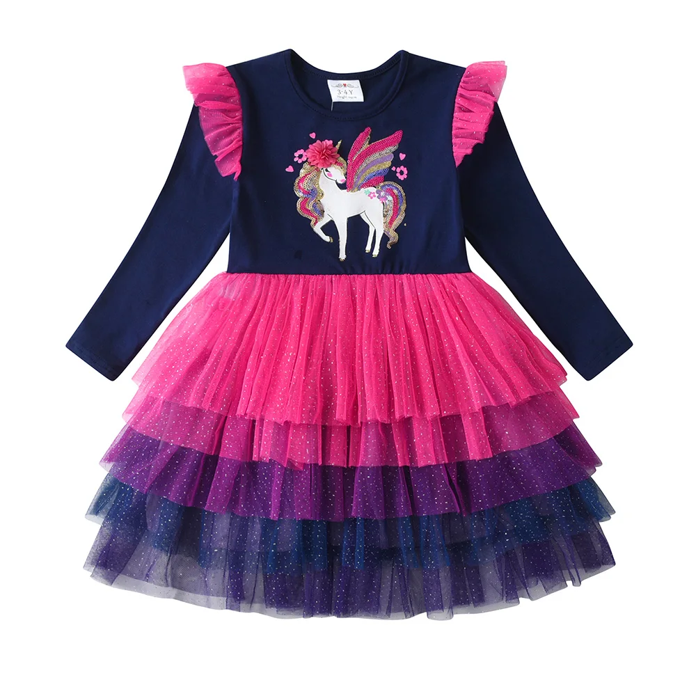VIKITA Girls Flare Sleeve Autumn Dress Kids Licorne Sequined Appliqued Birthday Party Prom Gown Girls Princess Tutu Dresses