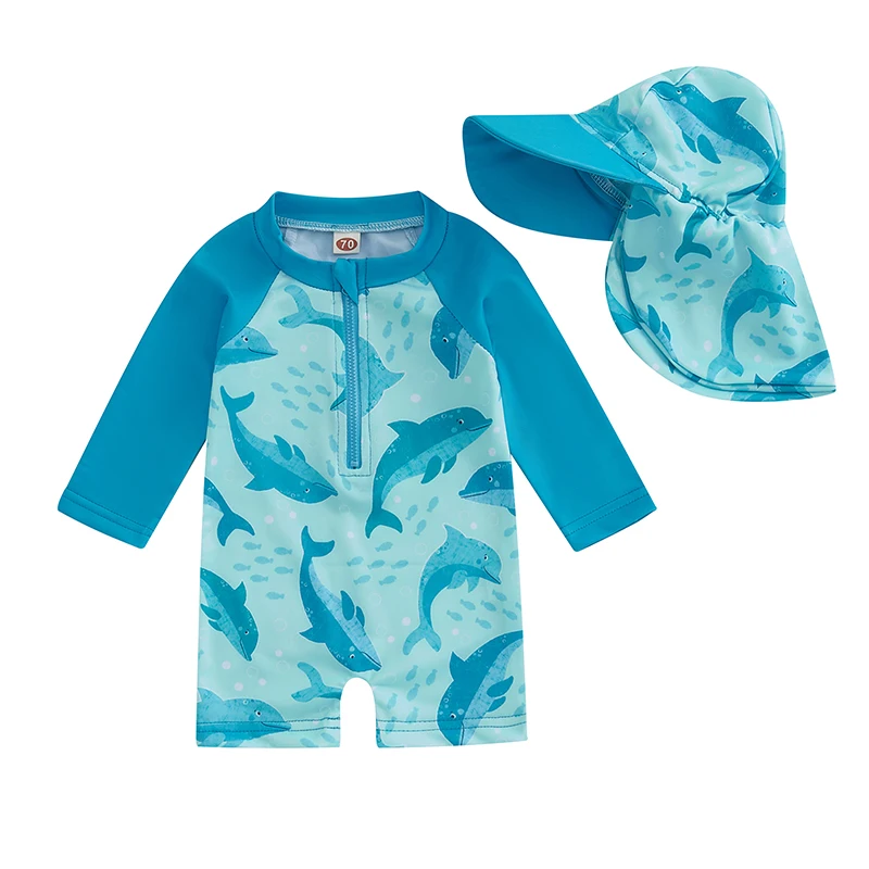 Toddler Long Sleeve Swimsuit Dolphin Print Half Zipper Non-Pilling Rash Guard Swimwear Sunhat Set