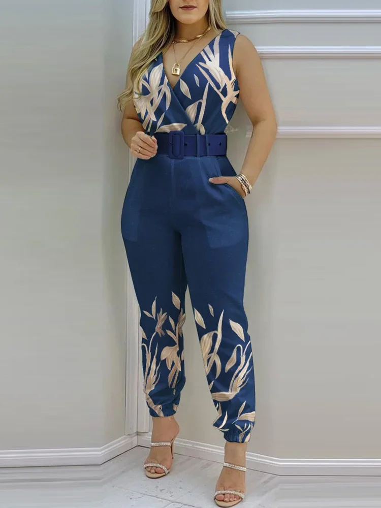 

Plants Print Pocket Detail Backless V-Back Wrap Jumpsuit Women Sleeveless Summer Rompers with Belt