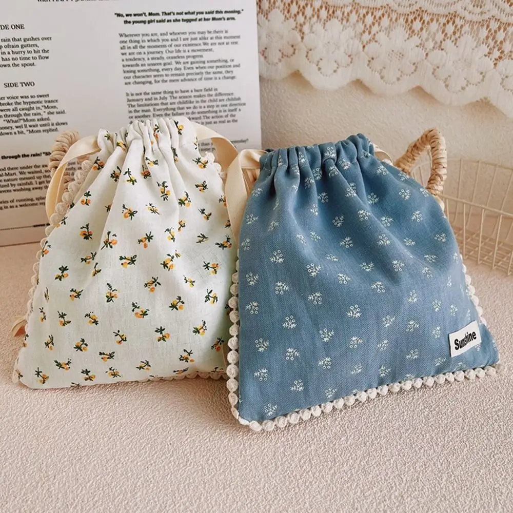 Flower Floral Travel Organizer Cotton Stationery Bag Makeup Bags Cosmetic Bag Drawstring Bundle Pocket Jewelry Storage Bag
