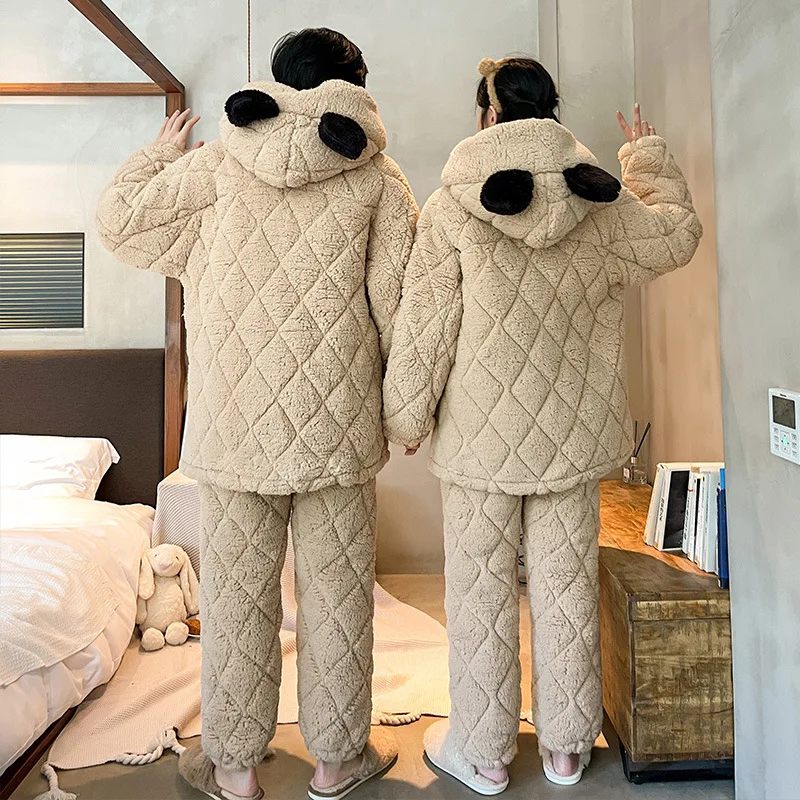 

Thickened Lamb Fleece Pijamas Suit Nightwear Winter Lover Pajamas Set Sleepwear Loose Cotton-Padded Flannel Homewear Lounge Wear