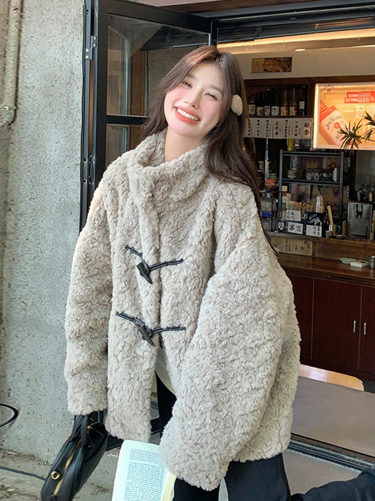 

Ladies Thiened ort Lamb Fur Jaet Casual Loose Fit Warmth Long Sve Stand Collar Button Closure Autumn Winter New Sle
