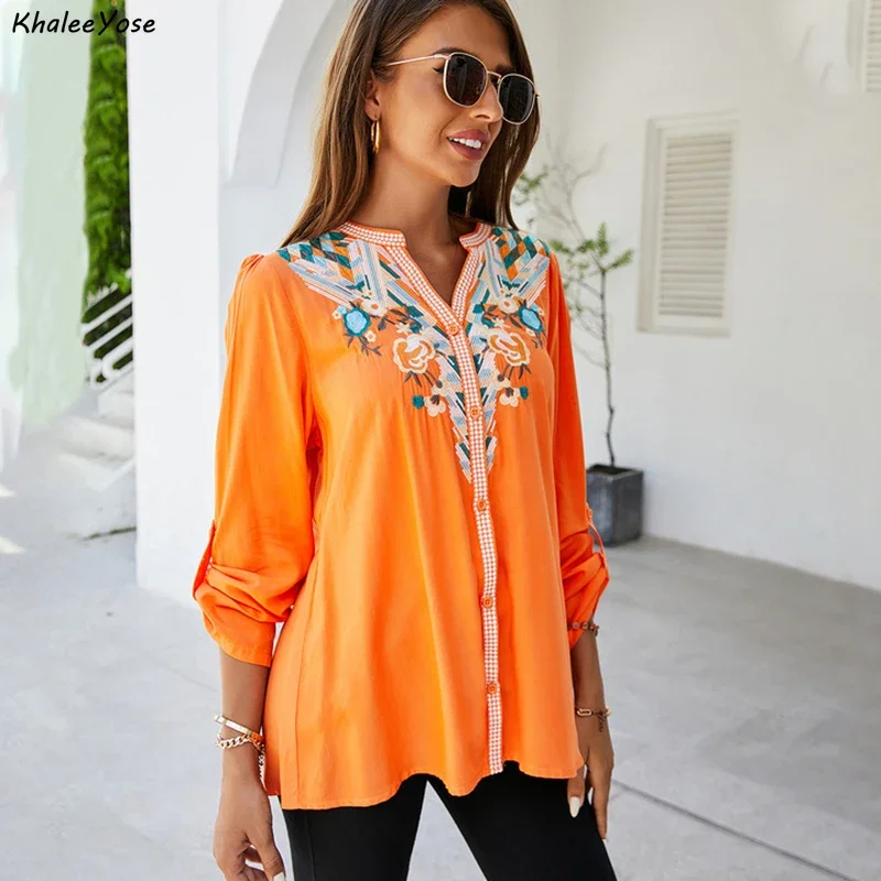 KHALEE YOSE Floral Embroidery Blouses Shirt Orange Spring Autumn Boho Mexican Women Shirts Long Sleeve 23xl Ethnic Hippie Tops