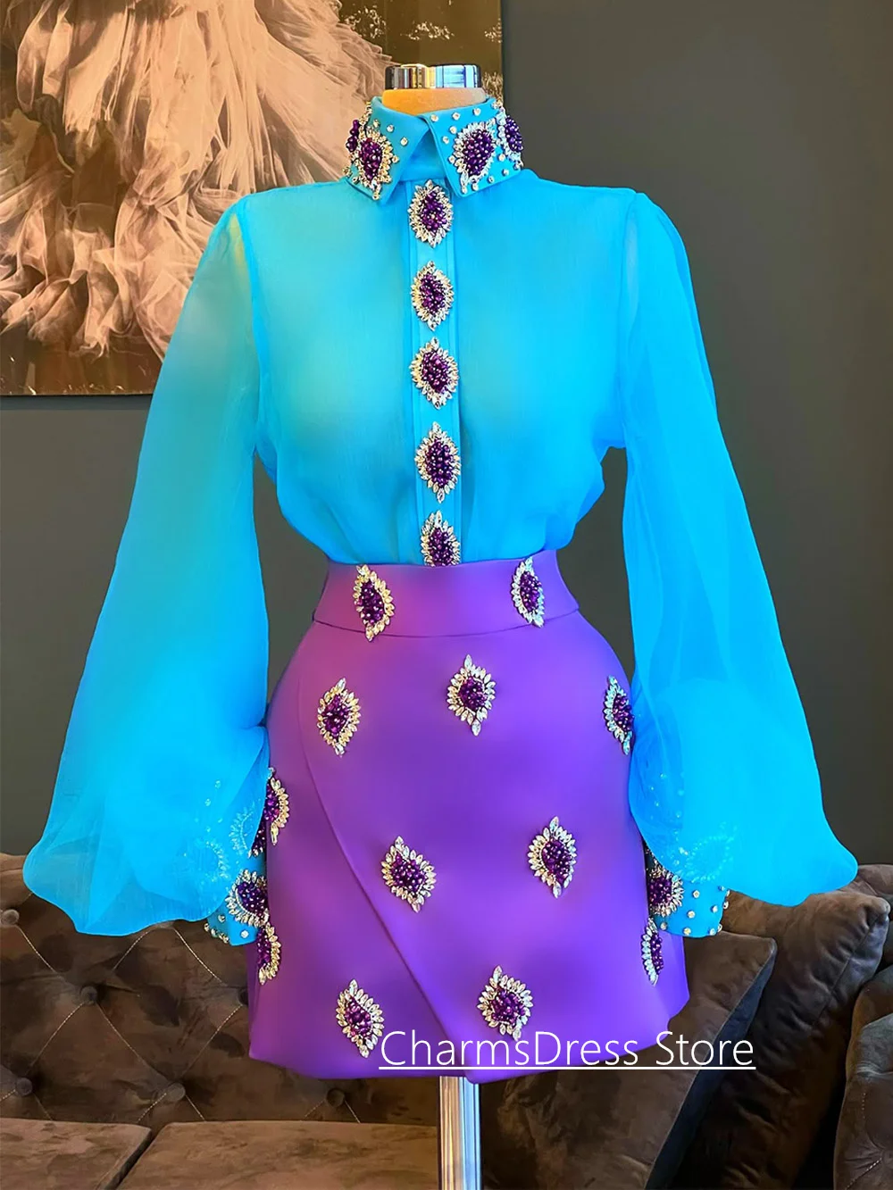 فساتين حفلات الكوكتيل المذهلة مخصصة تي شيرت تنورة قطعتين أحجار كريستال فستان حفلات صغير فستان سهرة للرقص