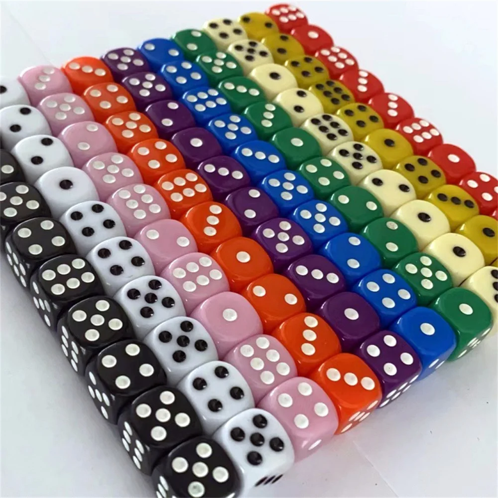 Dados de seis lados acrílicos multicoloridos, 12mm, para jogo de tabuleiro, acessórios para jogos de tabuleiro, para bar, bar, clube, festa, 100 peças