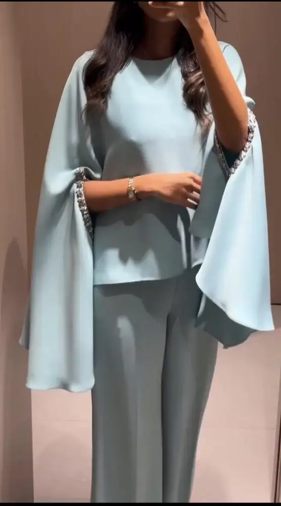 Customized 2 Pieces Mother of the Bride Outfit O Neck Batwing Sleeve Wedding Guest Pant Suits Crystal Trim Abaya