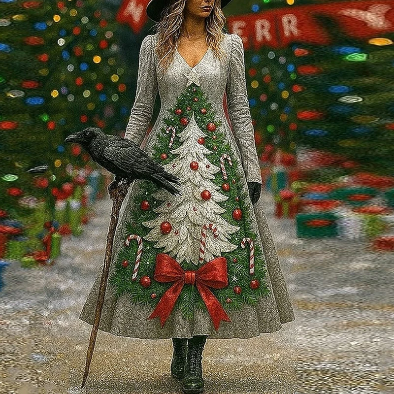 가을 겨울 여성 크리스마스 프린트 드레스 파티 드레스 축제 빈티지 브이넥 긴팔 캐주얼 롱 드레스 분위기 있는 옷