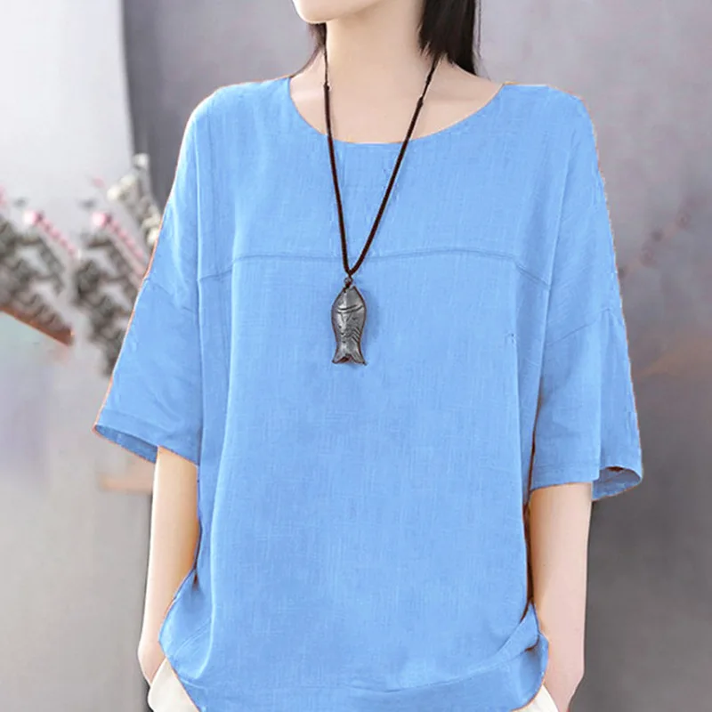 Oversized S-5XL Women Solid Tee shirts Summer Fashion O-Neck Short Sleeve Cotton Linen T-shirts WYLP-M08