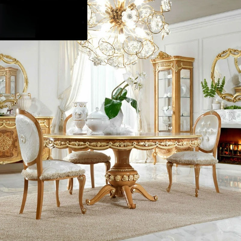 dining table chair combination round white 6-person American retro Mediterranean round table and chair combination furniture