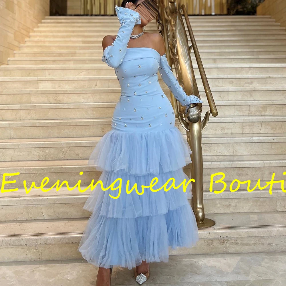 Customized Fashion A-Line Ankle Length Strapless Jersey Long Sleeves Crystal Pleats Evening Dress Classic vestidos para mujer