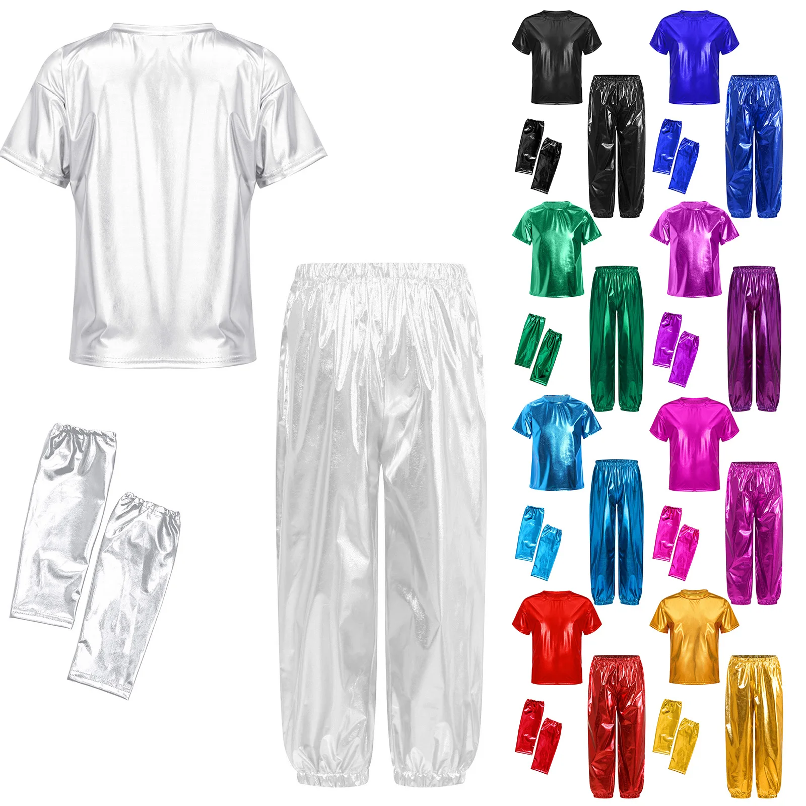 Jungen Mädchen Hip-Hop Jazz Dance Outfits Kostüm Kurzarm Metallic Shiny T-Shirt mit Hosen Handschuhe für Performance Dancewear
