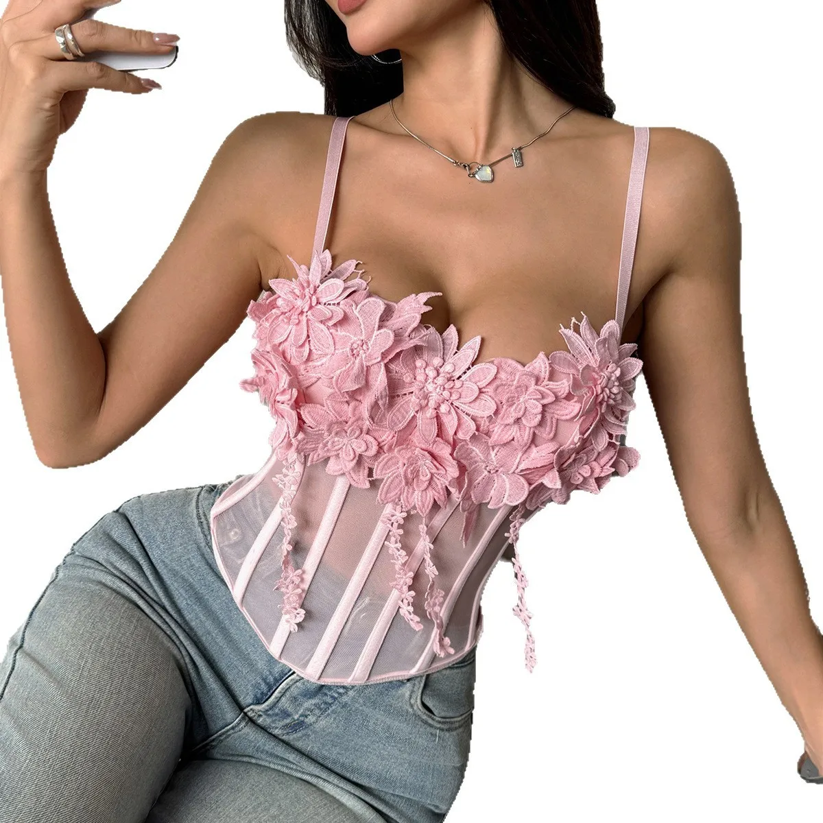 Crop Top Slim Fit Camisole Streetwear with Spaghetti Strap Non Detachable Straps Wear as Outerwear Floral Pattern Sexy Summer