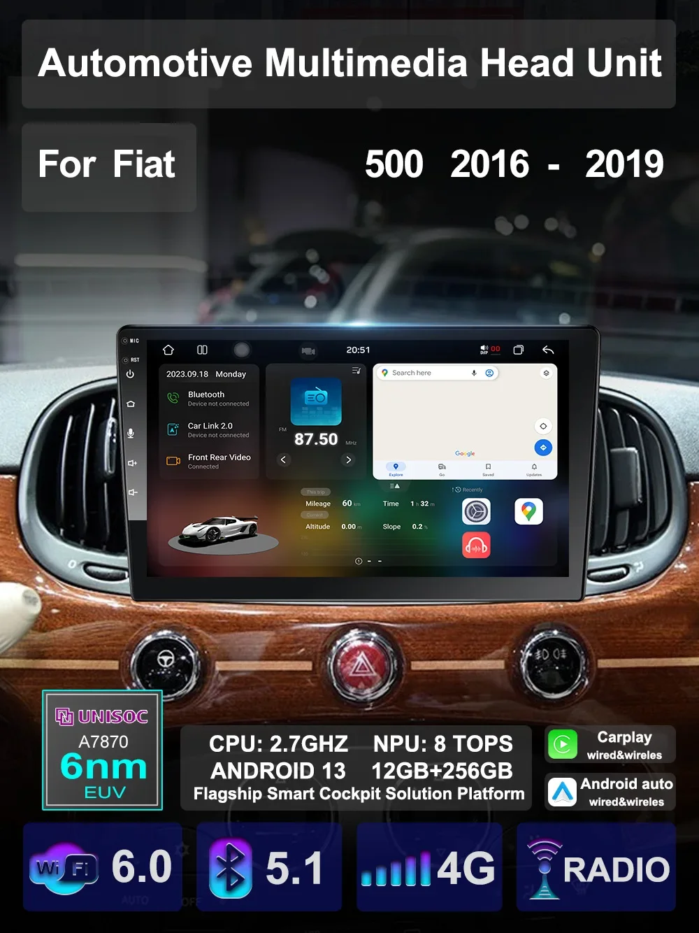 For Fiat 500 2016 2017 2018 2019 Car Multimedia Carplay Android Auto GPS stereo Radio Video Palyer 10 Inch Head Unit