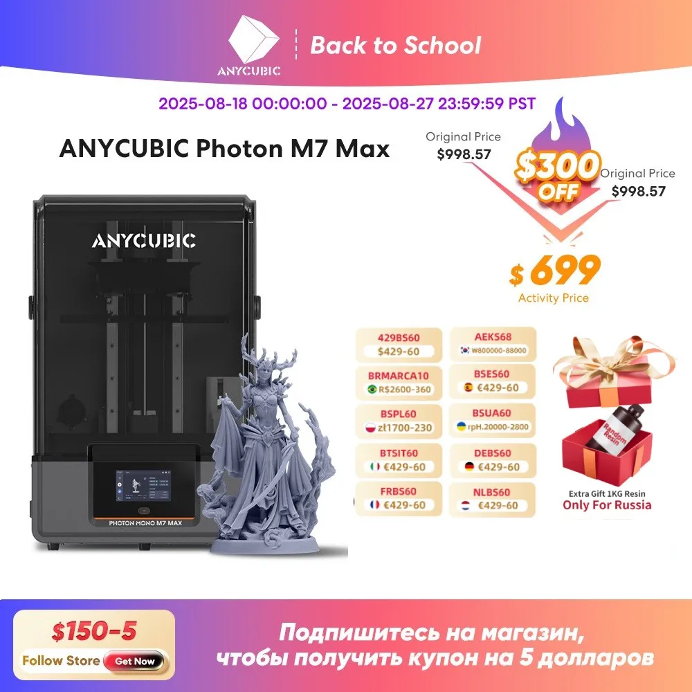 

ANYCUBIC Photon Mono M7 Max 3D принтер 7K Mono LCD 14,7 л, ультра-большой объем печати, ЖК-дисплей, смола, 3D принтер COB + источник света