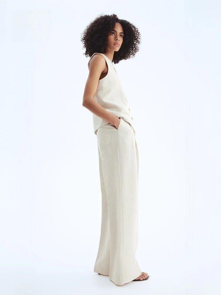 Pantaloni invernali da donna H&M in misto lino, pantaloni formali, vestibilità comoda, look professionale, alla moda e di tendenza