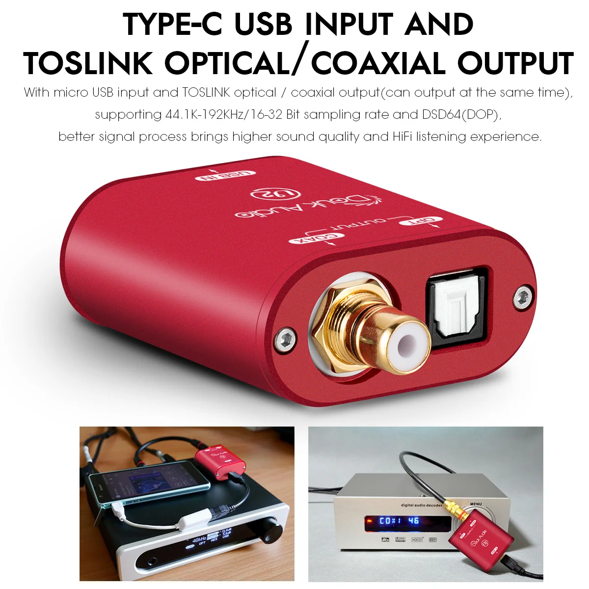 Douk Audio-Convertidor de Audio U2 Mini USB a SPDIF, XMOS XU208, interfaz Digital COAX/OPT, DSD, DOP, 192KHz