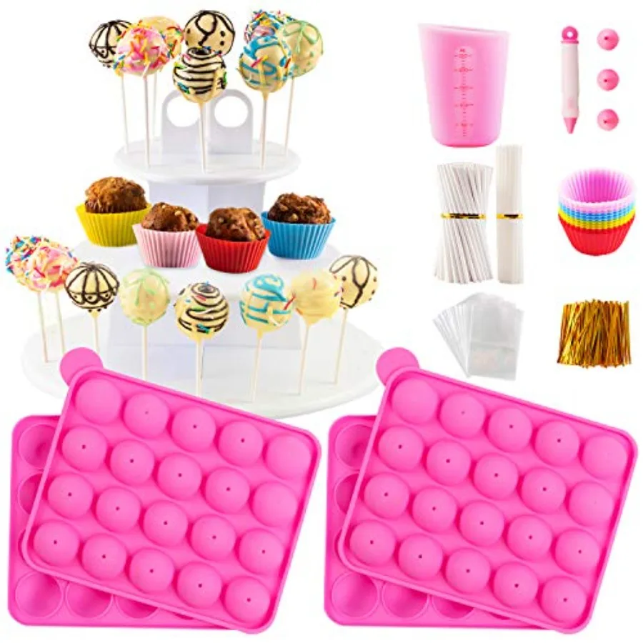 

Cake Pop Maker Kit with 2 Silicone Mold Sets with 3 Tier Cake Stand Chocolate Candy Melts Pot Silicone Cupcake Molds Paper Loll
