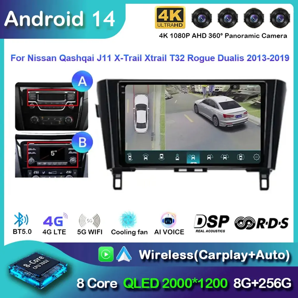 Android 14 Car Radio Player For Nissan Qashqai J11 X-Trail Xtrail T32 Rogue Dualis 2013-2019 Carplay AUTO Support OEM BOSE 360