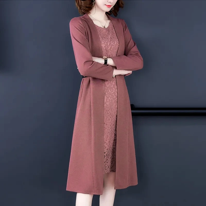 Elegant Lace Dress Set Women Two Piece Set New Spring Autumn Cardigan Coat Long Sleeve Tops And Vest Dress Suit With Belt 5XL