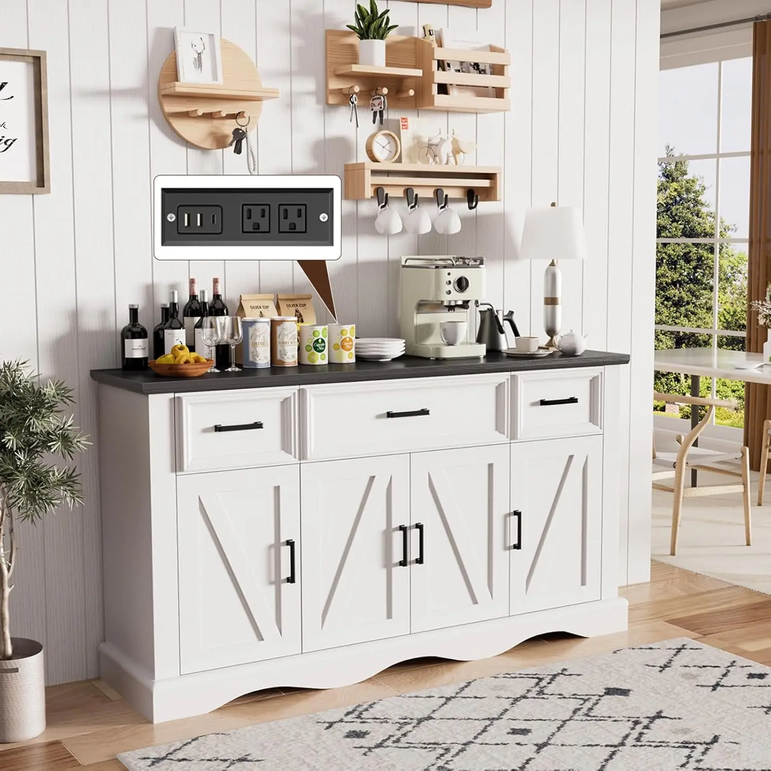 

58-футовый деревянный буфет с местом для хранения вещей, современный кофейный и винный бар, волновая основа, зарядная станция, белый