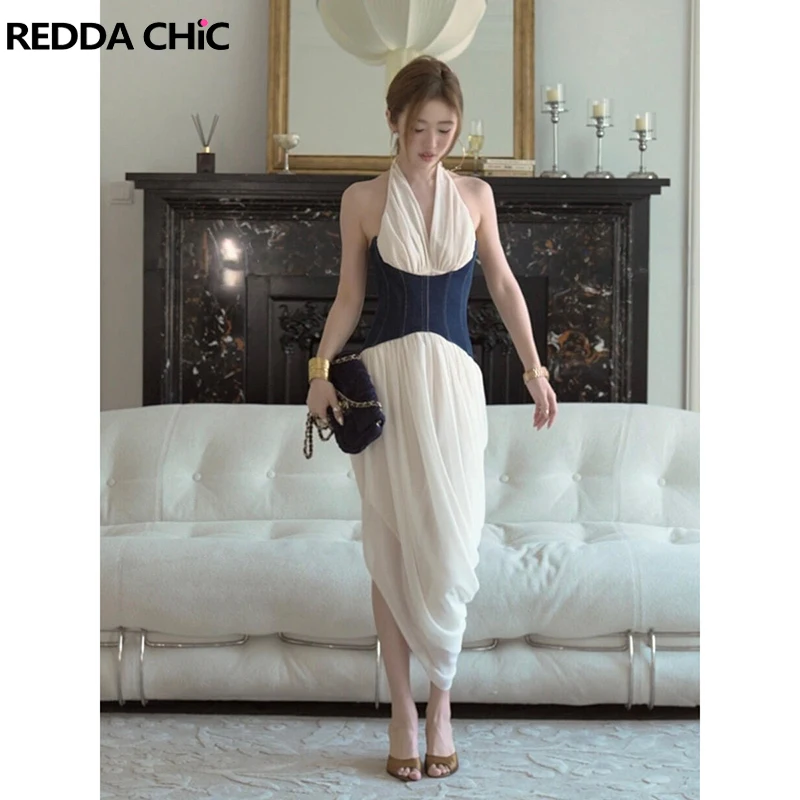 

REDDACHiC женское белое платье с корсетным поясом под грудью джинсовый тренажер на талии шифоновое платье-футляр с лямкой на шее и рюшами вечернее платье