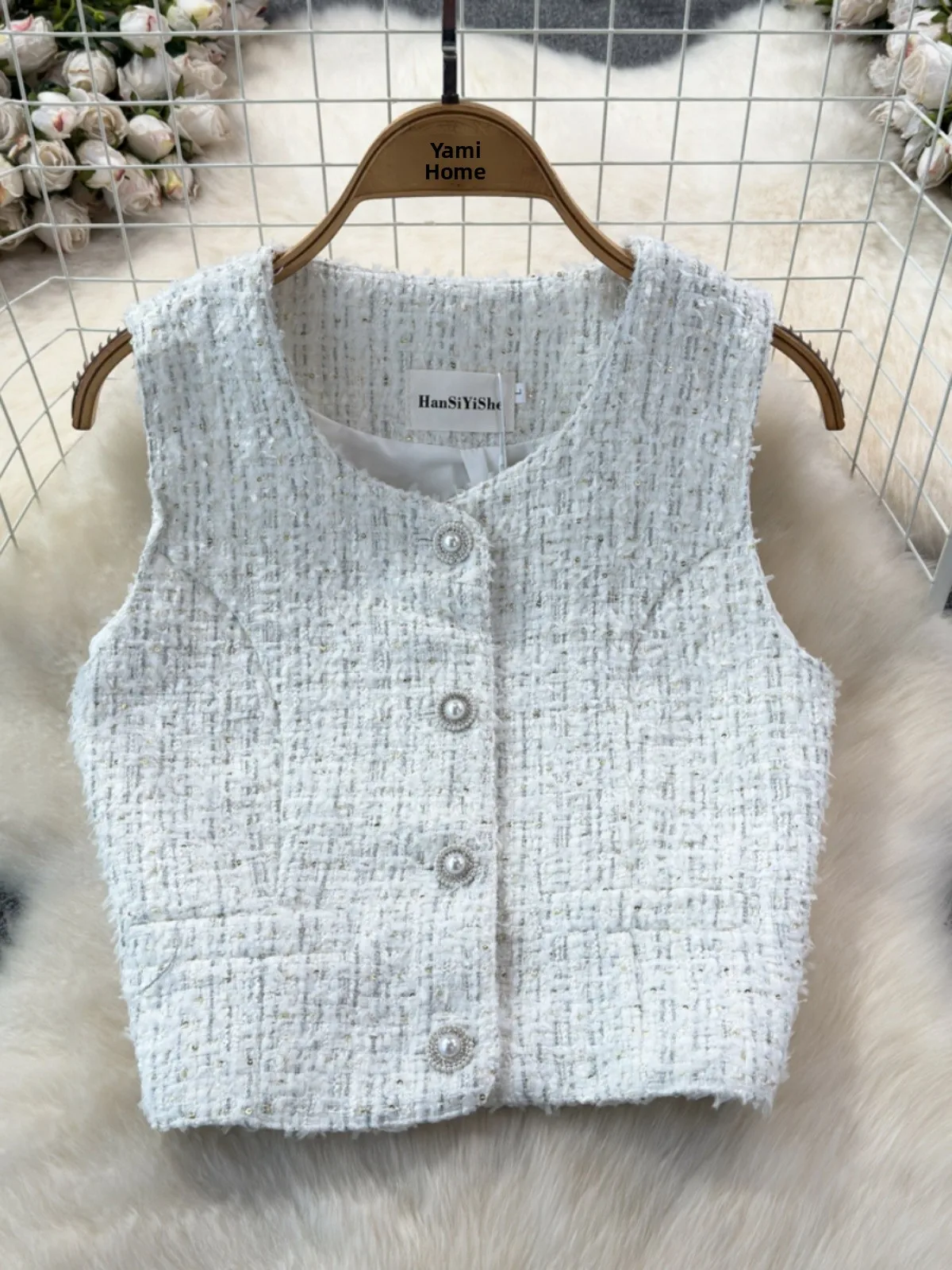 2025년 봄 신상 여성 패션 헤비 울 베스트 재킷 스몰 프래그런스 스타일 슬림 아우터웨어 라운드 넥 버튼 디테일