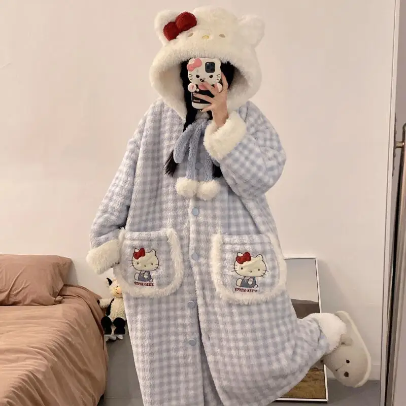 

Милая мультяшная ночная рубашка Kawaii Hello Kitty из кораллового флиса для женщин, утолщенная флисовая осенне-зимняя одежда для сна, домашний костюм, комплект
