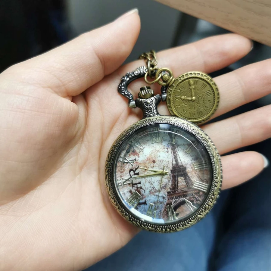 Reloj de bolsillo de cristal transparente con diseño de la Torre Eiffel, reloj de cuarzo con números romanos, pantalla, colgante, collar con accesorio