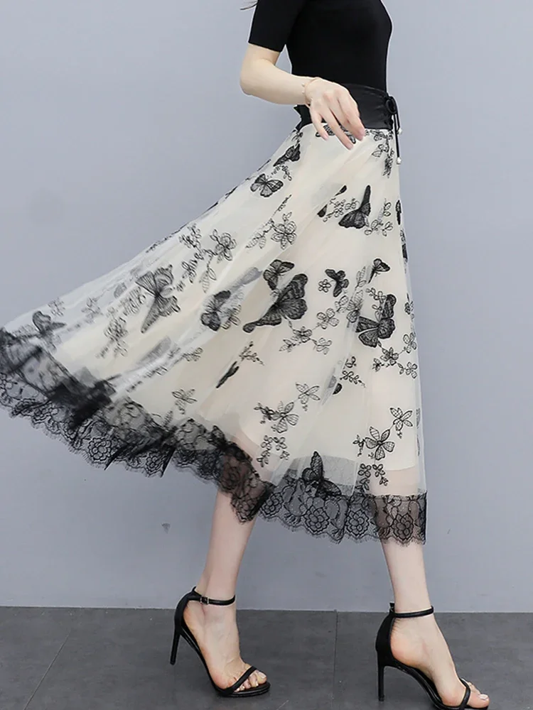 Elegant Butterfly Embroidery Lace Tulle Long Skirt Women 2024 Spring Summer Vintage A Line High Waist Midi Skirt Female Z569