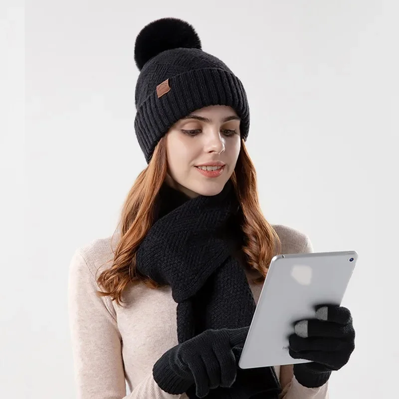 Mulheres malha velo forrado gorro chapéu cachecol e luvas touchscreen conjunto, etiqueta de couro, pele bola cap, inverno quente, 3pcs conjunto