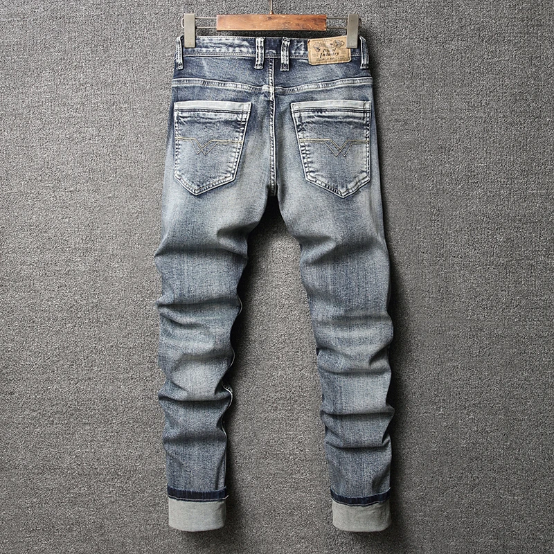 Italian Style Fashion Men Jeans Retro Washed Blue Elastic Slim Fit Ripped Jeans Men High Quality Vintage Designer Denim Pants