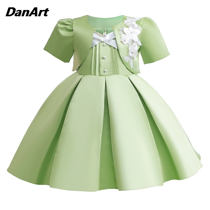 Vestido de banquete monocromático plissado feminino, vestido de performance infantil, jaqueta curta verde matcha, conjunto novo