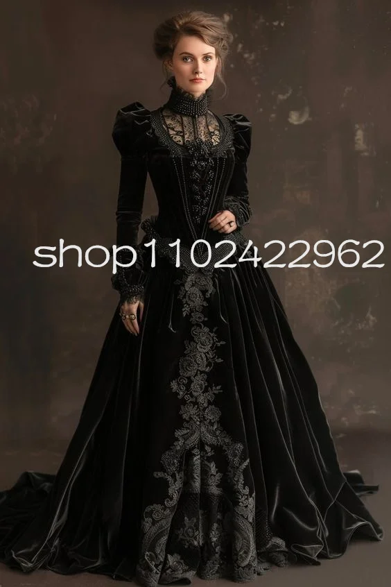 Customized  Velvet Gothic Victorian Prom Dresses Long Sleeve Applique high neck lace-up corset halloween evening gown festival