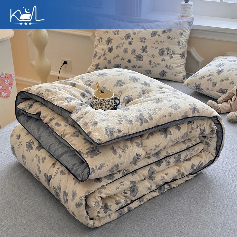Raw Hemp Double Layer Gauze Vintage Printed Soybean Summer Quilt Thickened Winter Comforter Cotton Quilt Core Duvet