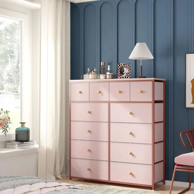 Pink Dresser for Girls Bedroom with 12 Drawers, Dresser for Bedroom with Sturdy Metal Frame and Wooden Top