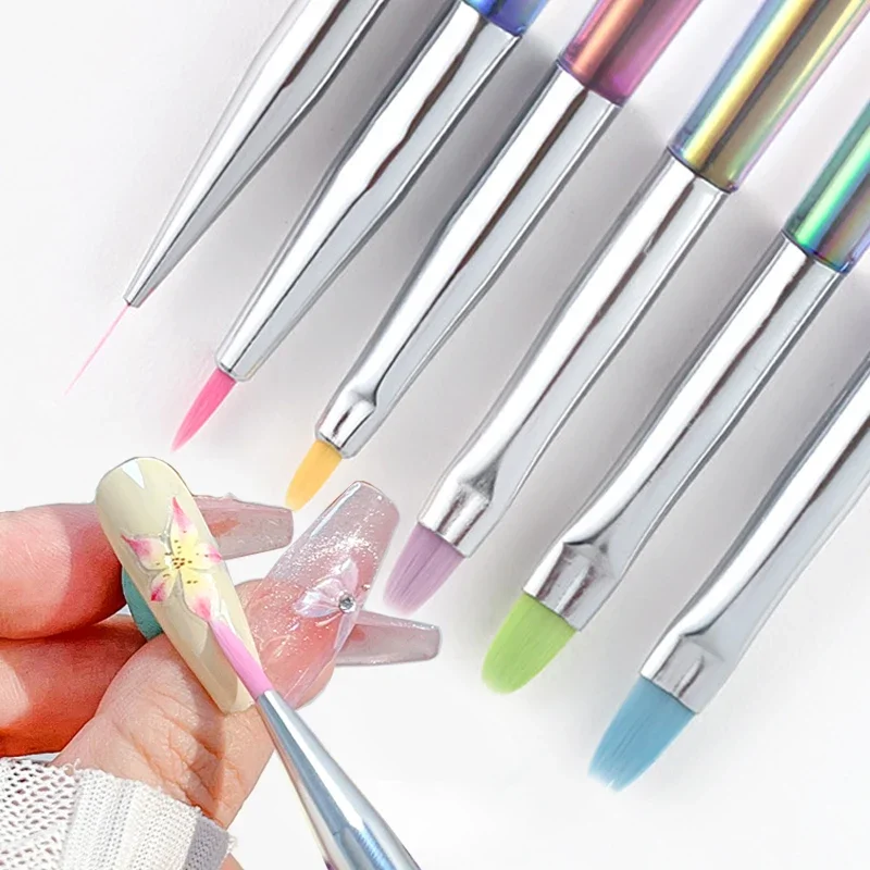 Pinceles acrílicos con mango Aurora para manicura, pinceles con gradiente para dibujo de flores y rayas, delineador de Gel UV, herramientas de Arte de uñas, 6 piezas