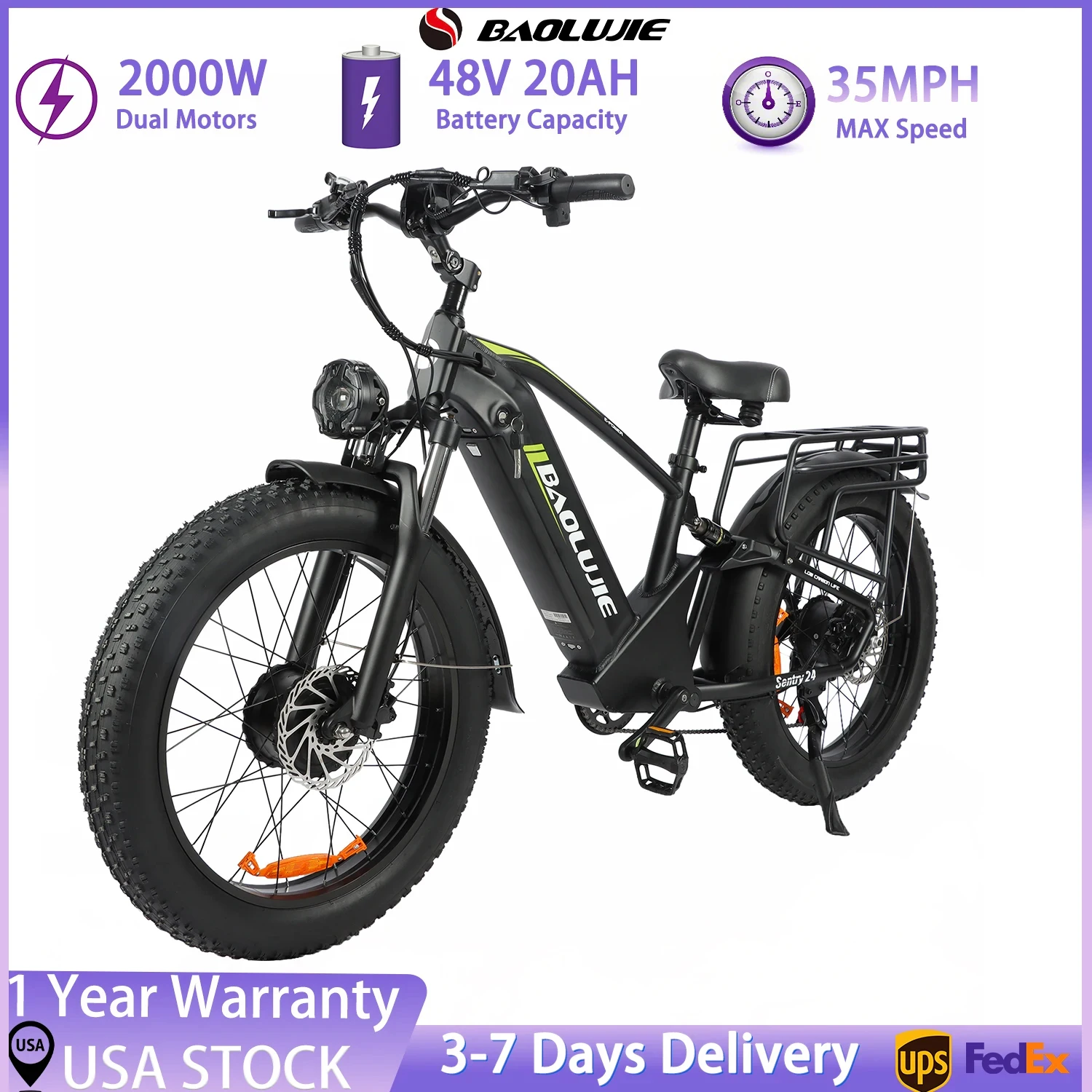 BAOLUJIE 2401 Electric Bike, 24*4.0 inch E Bike 2000W E-Bike Long Range 59-75Miles for Adult LCD Display UL2849【1 Year Warranty】